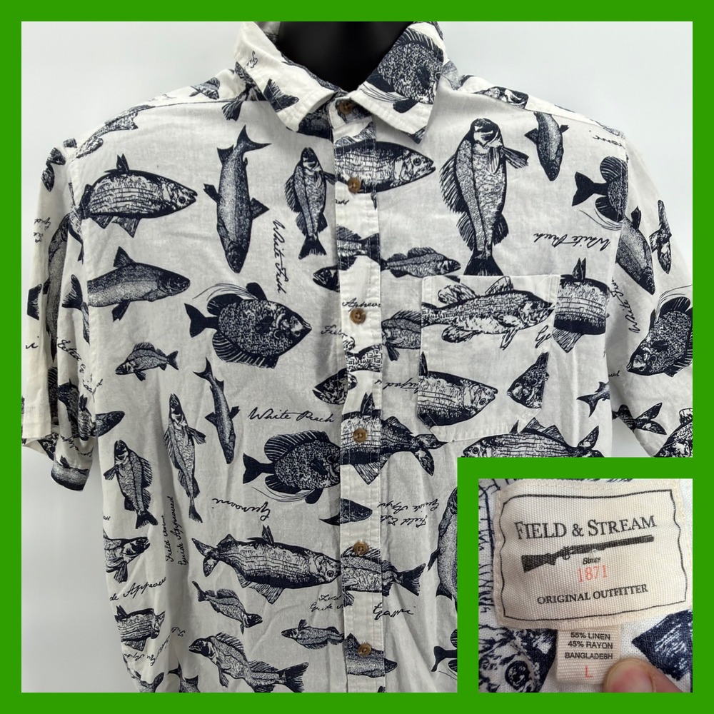 Field & Stream Mens Large Fish‎ Print Linen Blend Shirt Short Sleeve Button Down